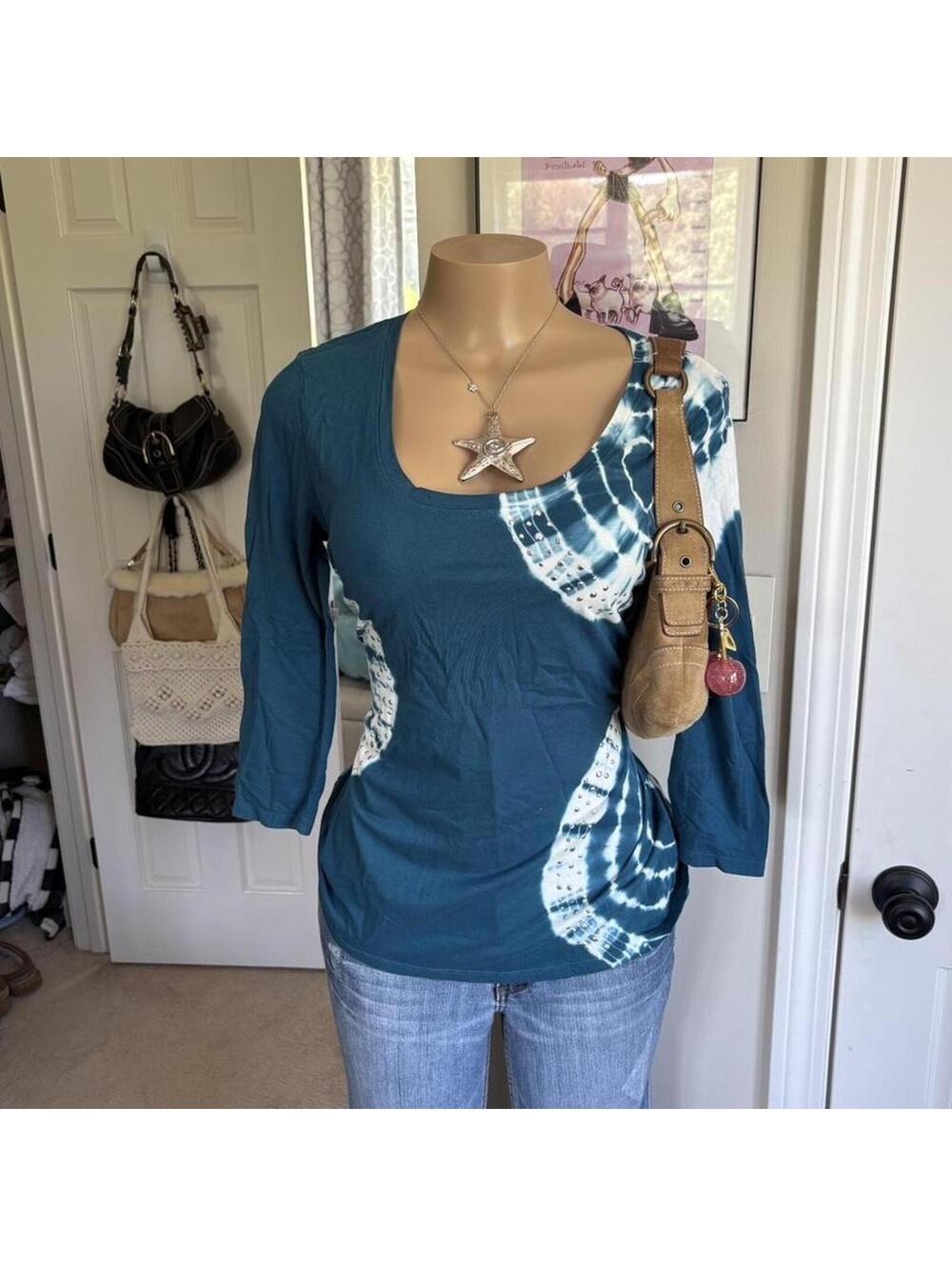 y2k 2000s boho blue tie‎ dye top fitted boho hippie aesthetic